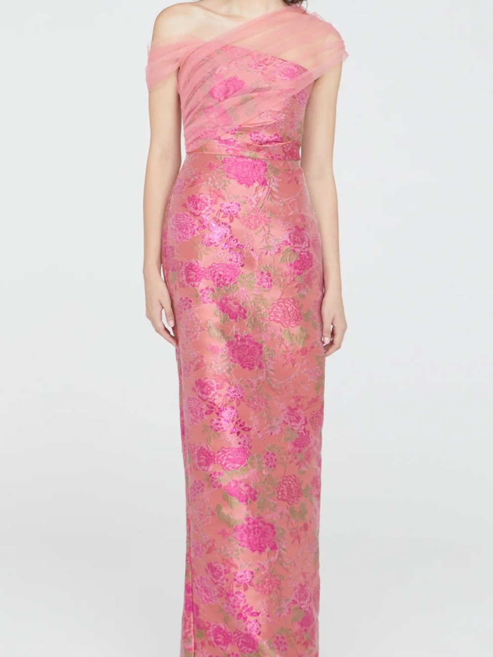 Theia Pink and Green Floral Brocade Maxi Gown with Sheer Capelet - Picture 7 of 8